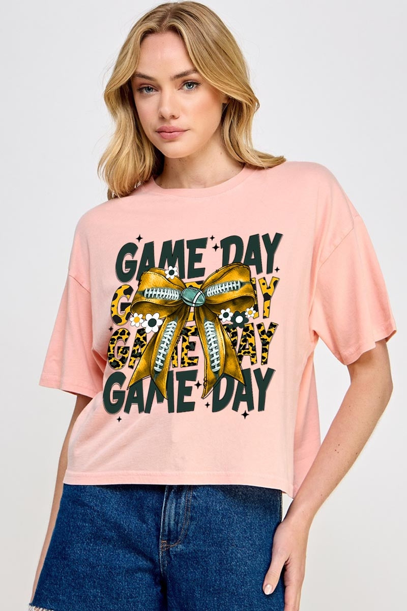 CTS-E3090 Yellow Football Game Day Bow Relaxed Crop Top $11