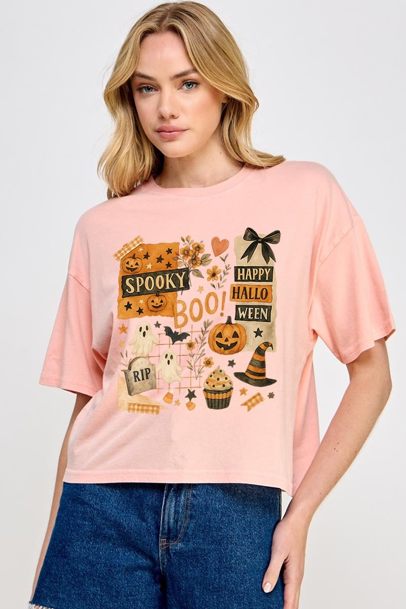 CTS-E3084 Halloween collage Graphic Relaxed Crop Top $11
