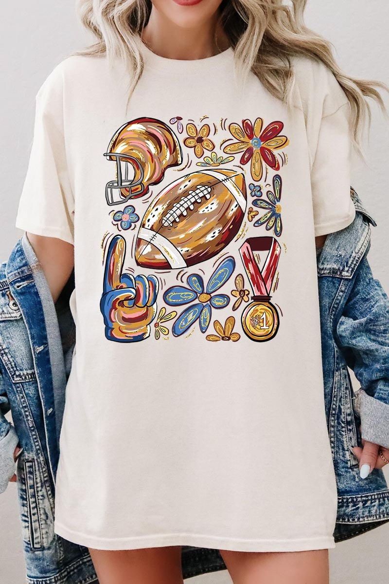 5000P-E3072 Retro Floral Football Graphic Plus Heavy Cotton Tee $12.75