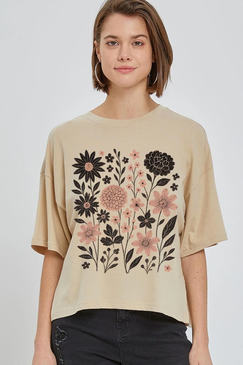 CTS-E3178 Fall Floral Garden Graphic Relaxed Crop Top $11