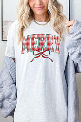 5000P-E3206 Plaid Merry Christmas Bow Graphic Plus Heavy Cotton Tee $12.75