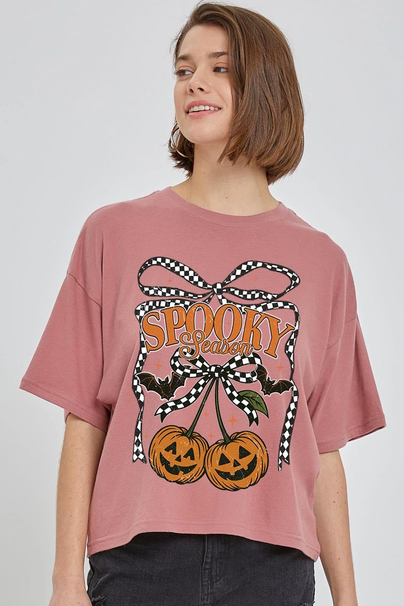 CTS-E3085 Pumpkin Cherries Graphic Relaxed Crop Top $11