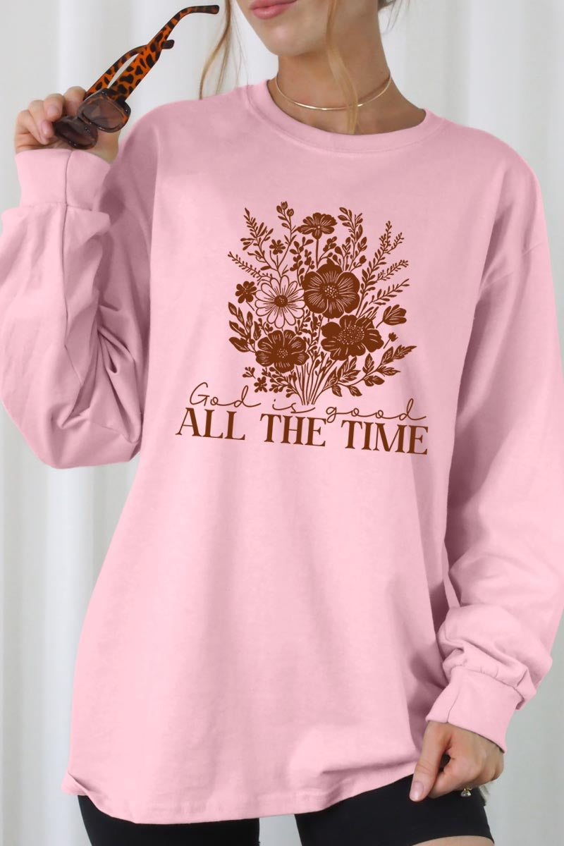 UL240-E3116 God Is Good Floral Graphic Long Sleeve Tee $13.75