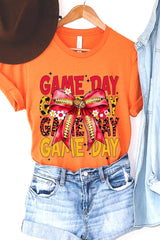US3001-E3091 Red Yellow Football Game Day Bow Graphic Tee $12.5