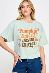 CTS-E3164 Pumpkin Spice & Jesus Graphic Relaxed Crop Top $11
