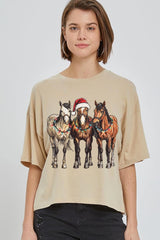 CTS-E3182 Christmas Horses Graphic Relaxed Crop Top $11