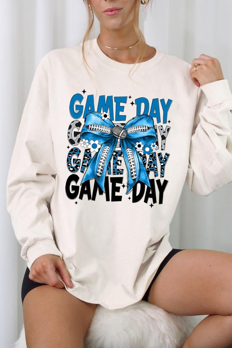 UL240-E3089 Blue Silver Football Game Day Bow Long Sleeve Tee $13.75