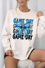 UL240-E3089 Blue Silver Football Game Day Bow Long Sleeve Tee $13.75