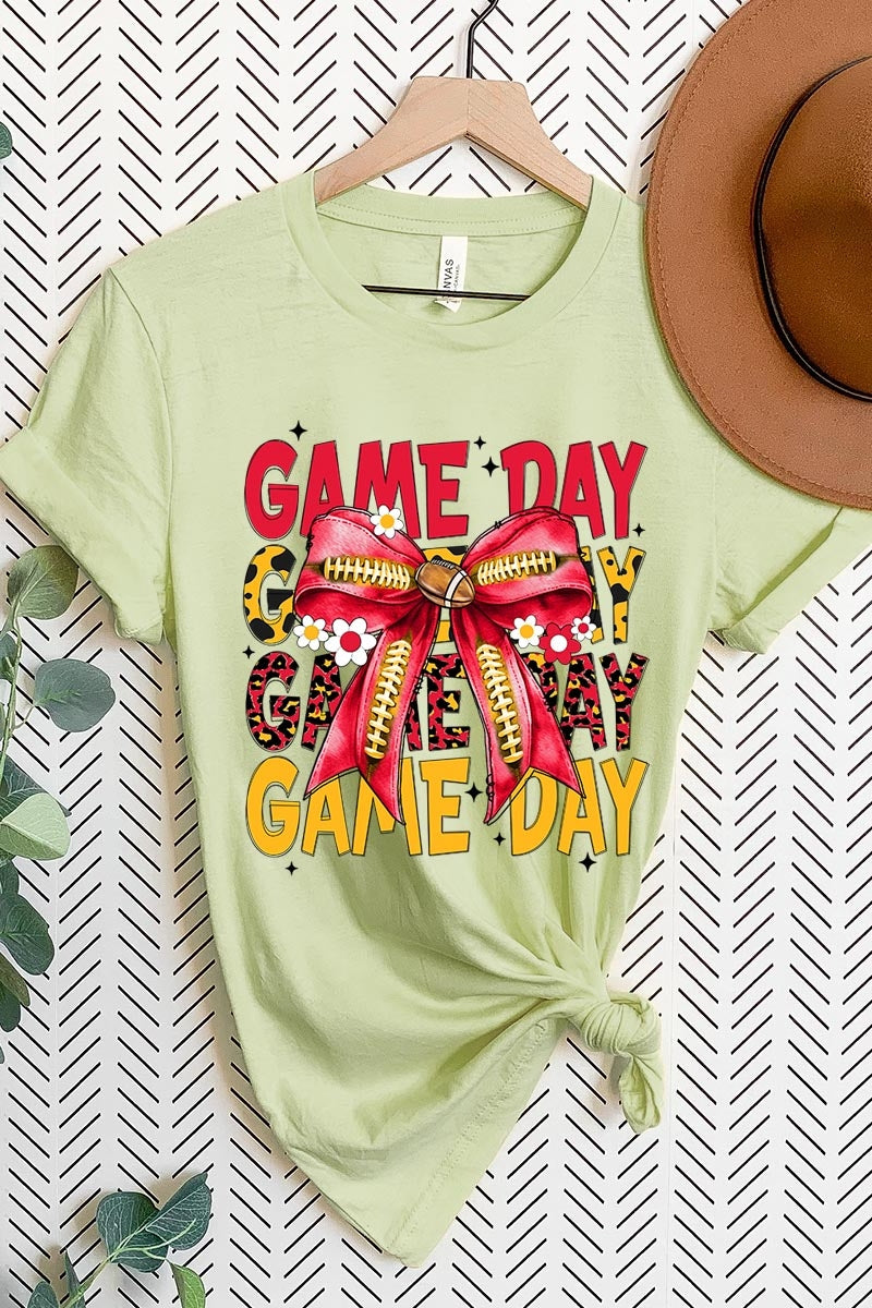 US3001-E3091 Red Yellow Football Game Day Bow Graphic Tee $12.5