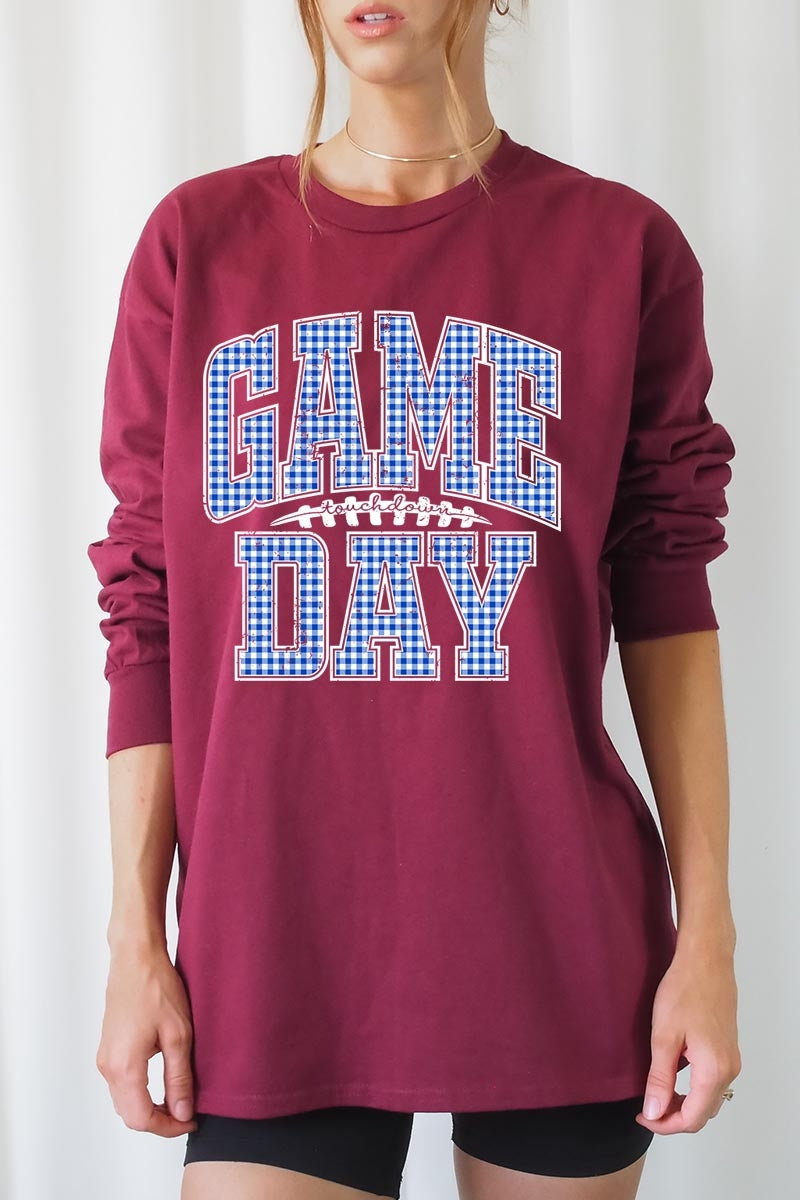 UL240-E3130 Blue Gingham Game Day Graphic Long Sleeve Tee $13.75