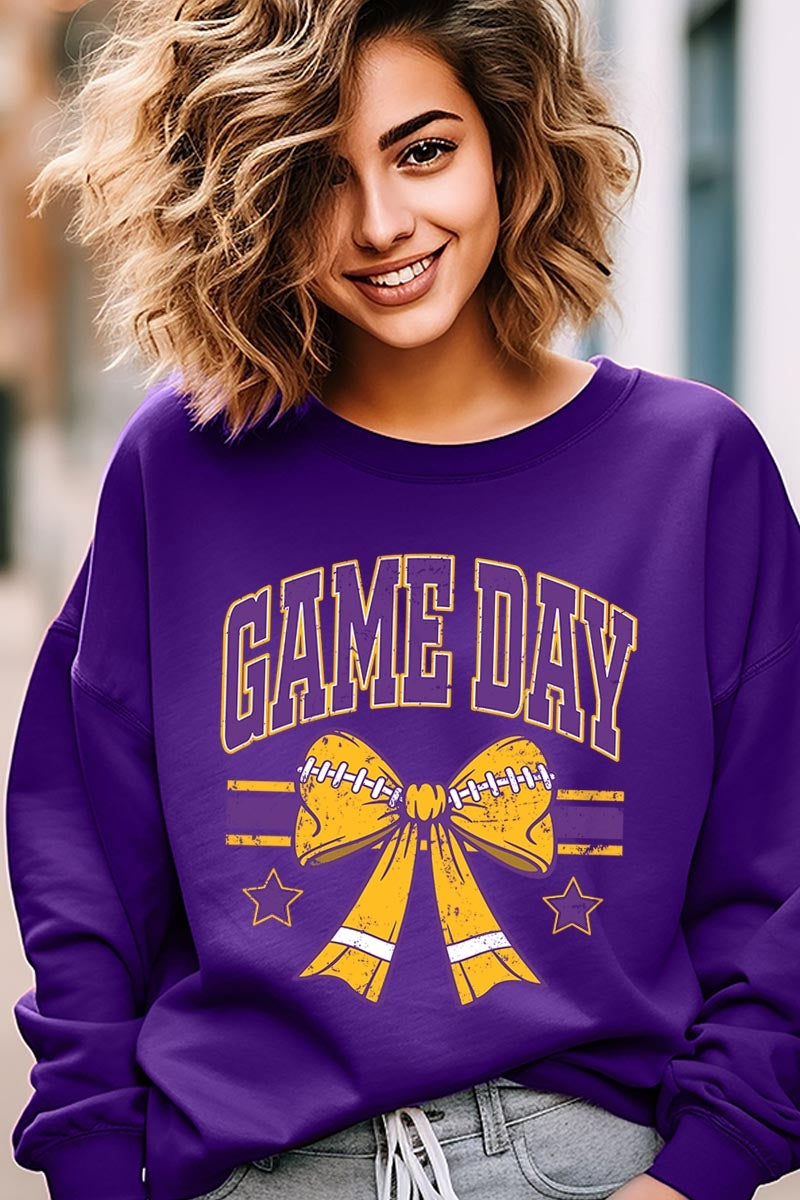 UL180-E3063 Purple Game Day Football Bow Graphic Sweatshirt $20