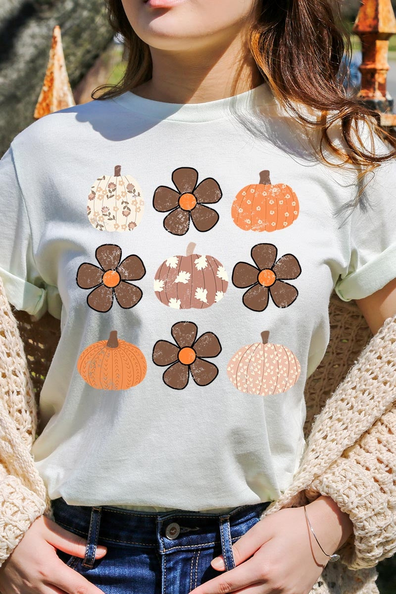 US3001-E3117 Pumpkins & Flowers Fall Graphic Tee $12.5