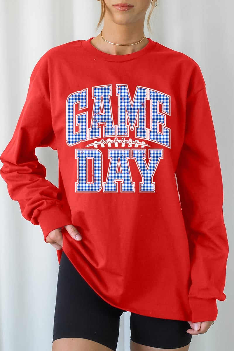 UL240-E3130 Blue Gingham Game Day Graphic Long Sleeve Tee $13.75