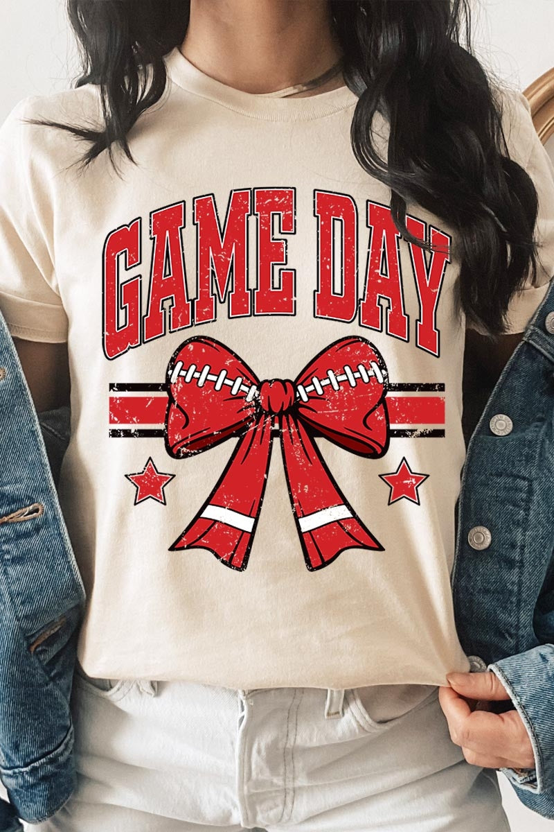 US3001-E3062 Red Game Day Football Bow Graphic Tee $12.5