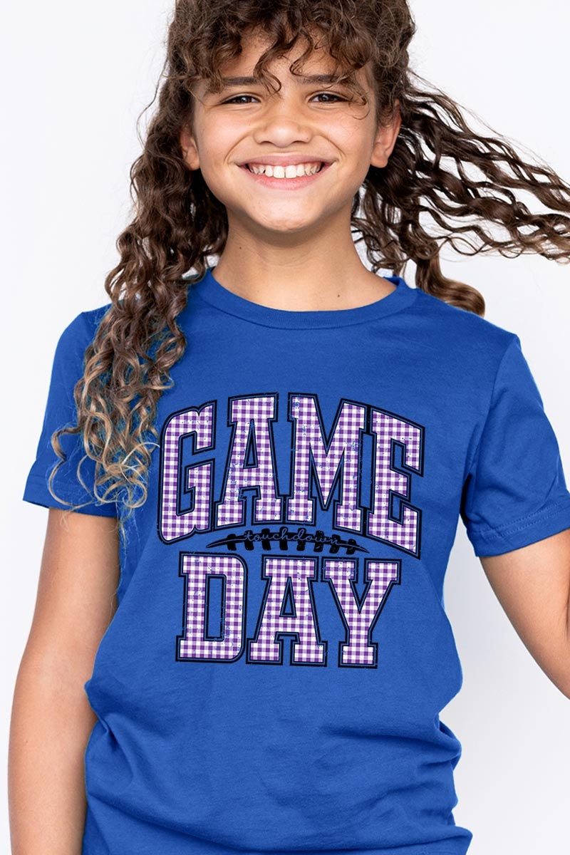US3001Y-E3127Z Purple Gingham Game Day Kids Graphic Tee $11