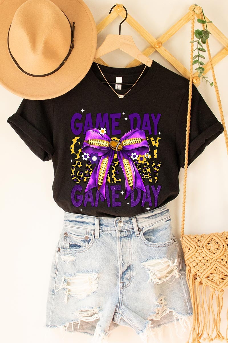 US3001-E3092 Purple Yellow Football Game Day Bow Graphic Tee $12.5