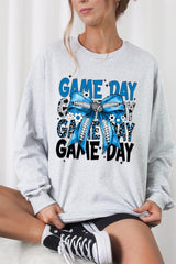 UL240-E3089 Blue Silver Football Game Day Bow Long Sleeve Tee $13.75
