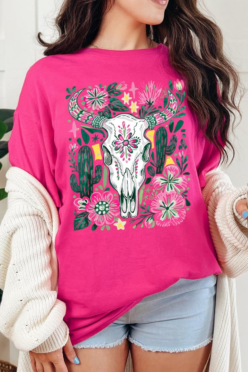 5000P-E3086 Western Floral Cow Skull Plus Heavy Cotton Tee $12.75