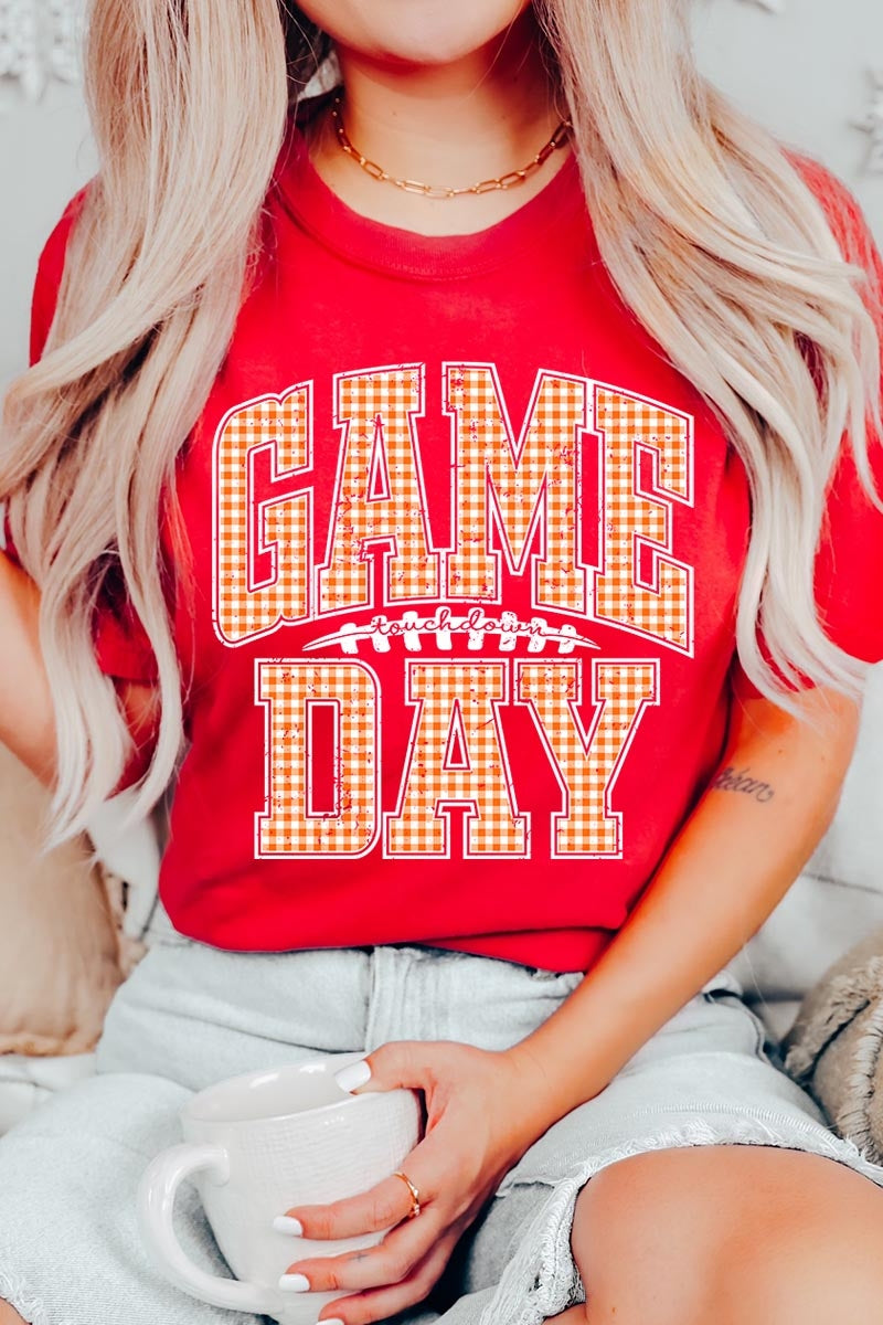 US3001P-E3129 Orange Gingham Game Day Graphic Plus Tee $16