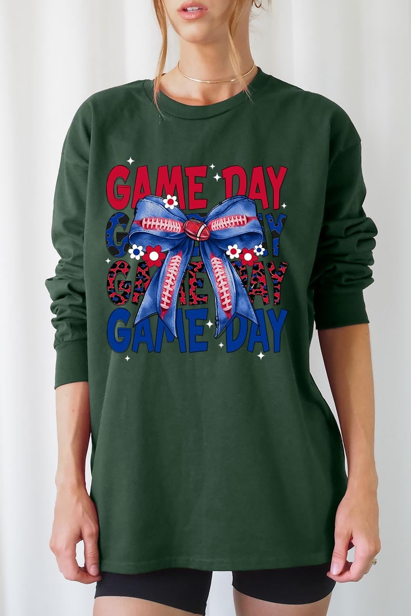 UL240-E3087 Red Blue Football Game Day Bow Long Sleeve Tee $13.75