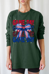 UL240-E3087 Red Blue Football Game Day Bow Long Sleeve Tee $13.75
