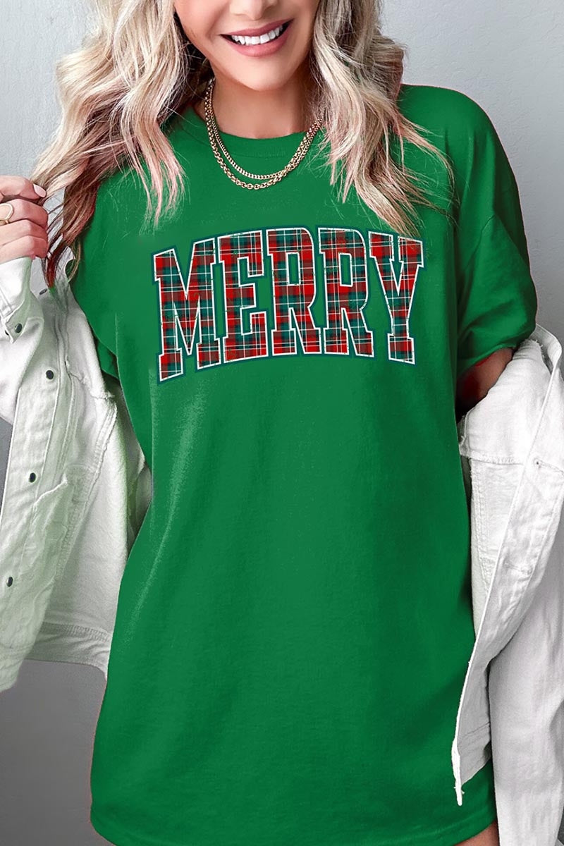 5000P-E3210 Classic Plaid Merry Graphic Plus Heavy Cotton Tee $12.75