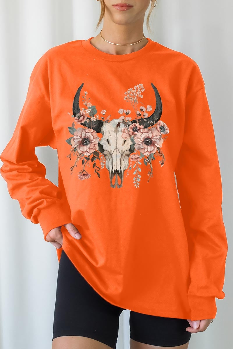 UL240P-E3113 Western Skull Floral Graphic Plus Long Sleeve Tee $17