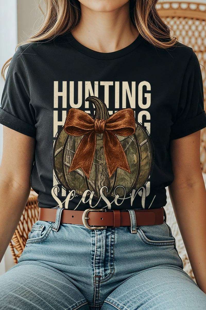 US3001-E3190 Hunting Pumpkin Bow Graphic Tee $12.5