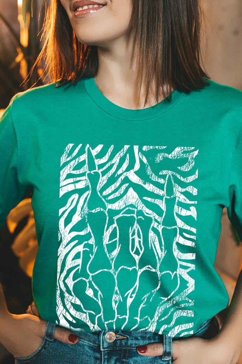US3001P-E3177 Skeleton Hands Zebra Graphic Plus Tee $16