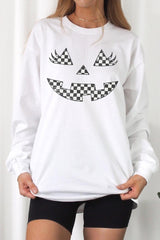 UL240-E3149 Checker Pumpkin Face Graphic Long Sleeve Tee $13.75
