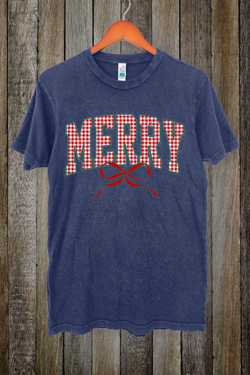 LS002-E3206 Plaid Merry Christmas Bow Graphic Vintage Tee $15.5