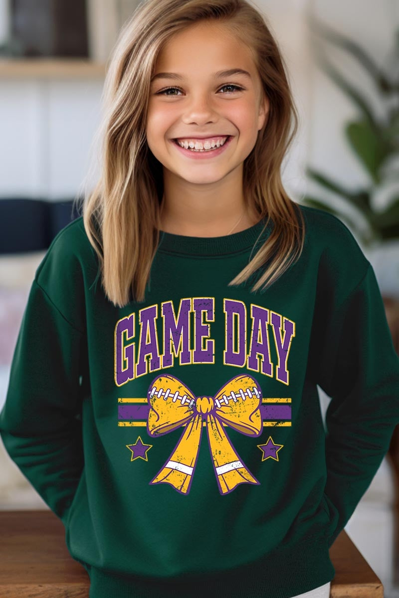 UL180B-E3063Z Purple Game Day Football Bow Kids Sweatshirt $20