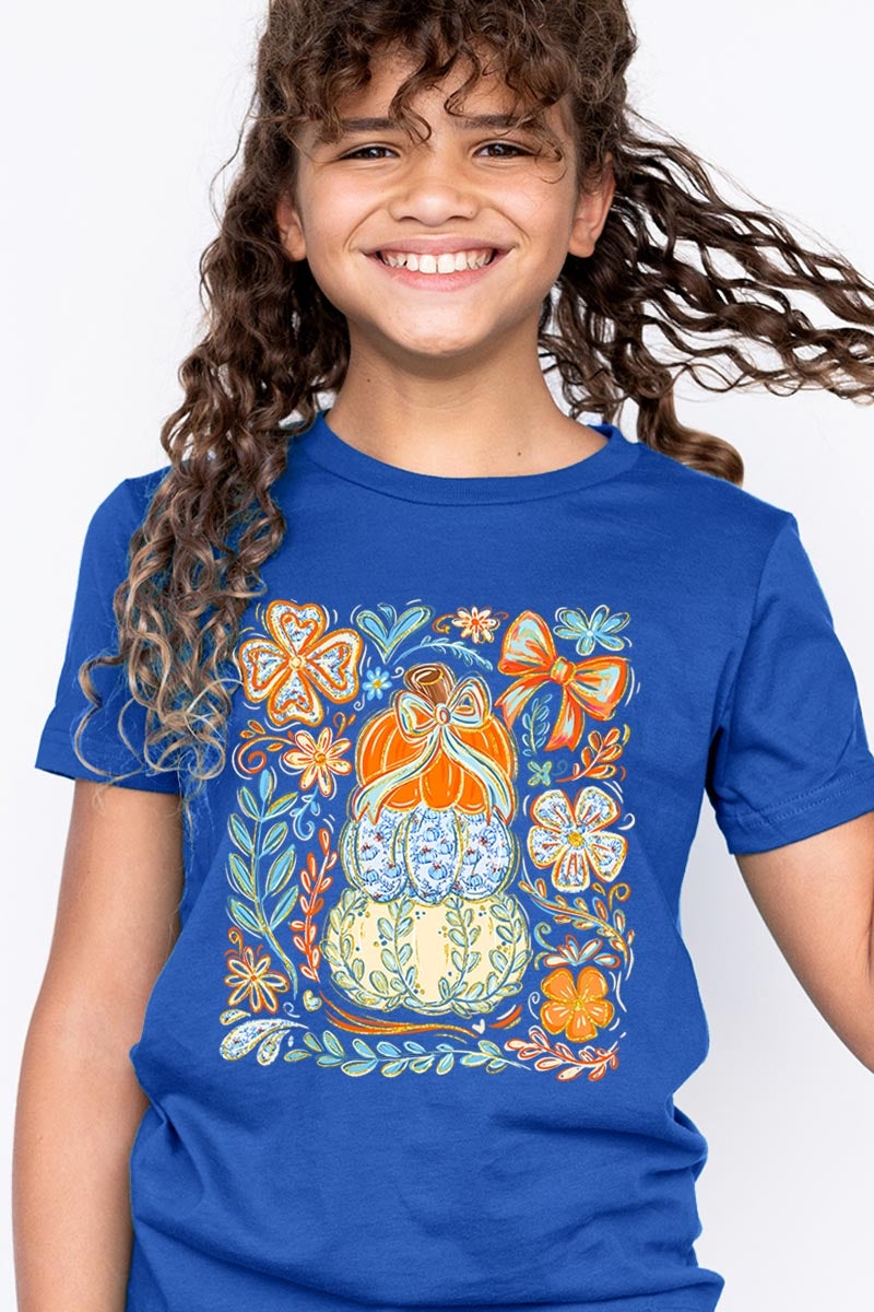US3001Y-E3153Z Floral Pumpkin Stack Kids Graphic Tee $11