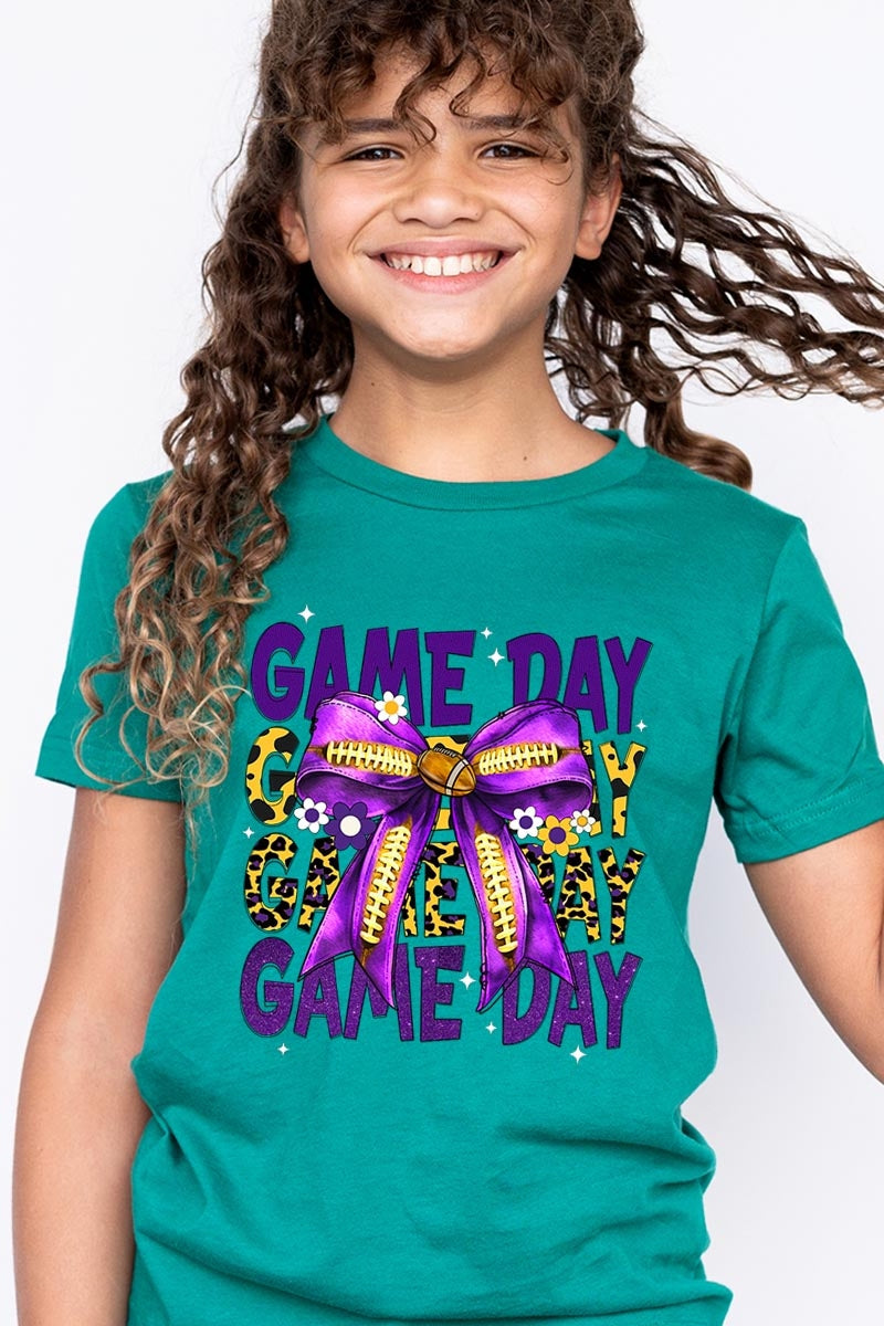 US3001Y-E3092Z Purple Yellow Football Game Day Bow Kids Tee $11