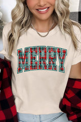 US3001-E3210 Classic Plaid Merry Graphic Tee $12.5