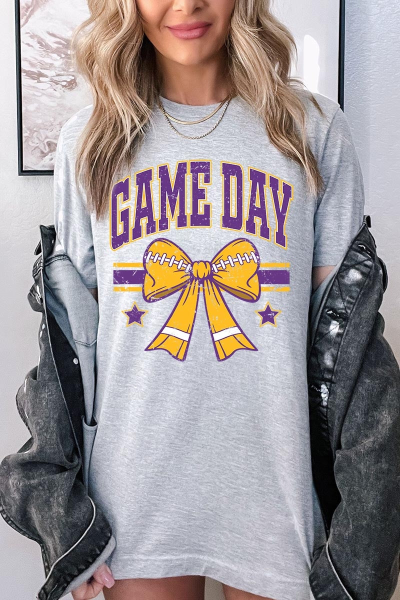 US3001-E3063 Purple Game Day Football Bow Graphic Tee $12.5