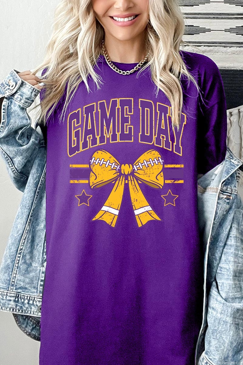 5000P-E3063 Purple Football Bow Graphic Plus Heavy Cotton Tee $12.75