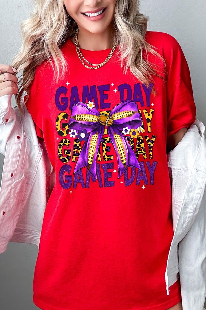 5000-E3092 Purple Football Game Day Bow Heavy Cotton Tee $9