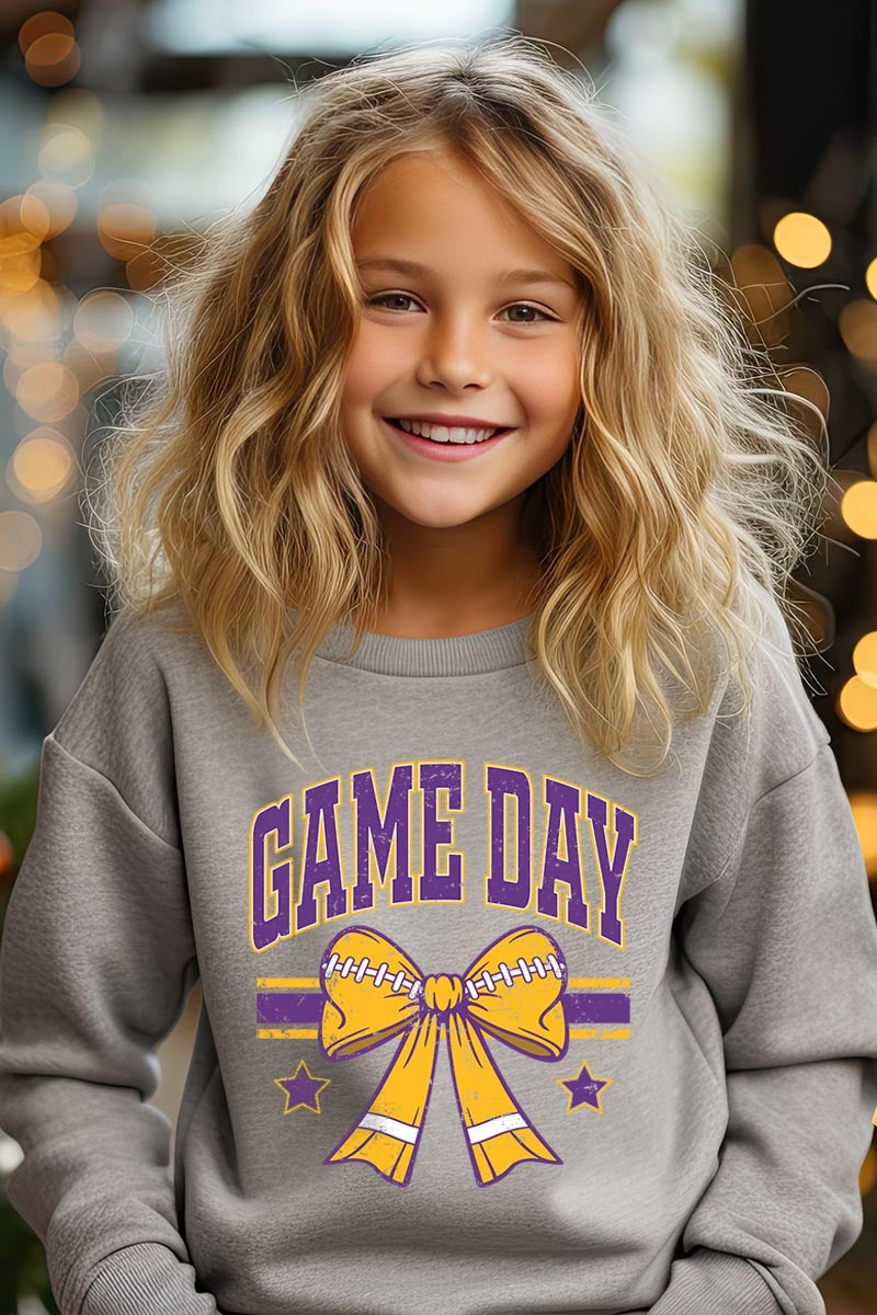UL180B-E3063Z Purple Game Day Football Bow Kids Sweatshirt $20