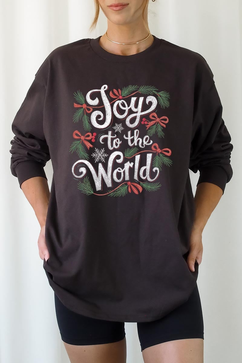 UL240-E3221 Joy to the World Christmas Graphic Long Sleeve Tee $13.75