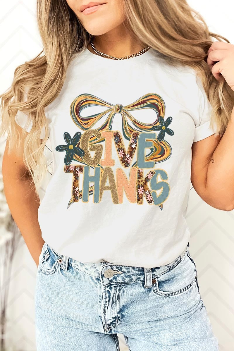 US3001-E3154 Give Thanks Bow Graphic Tee $12.5