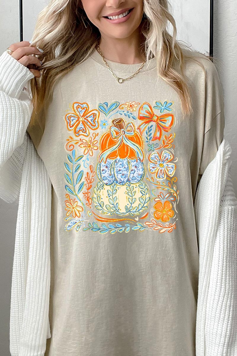5000P-E3153 Floral Pumpkin Stack Graphic Plus Heavy Cotton Tee $12.75