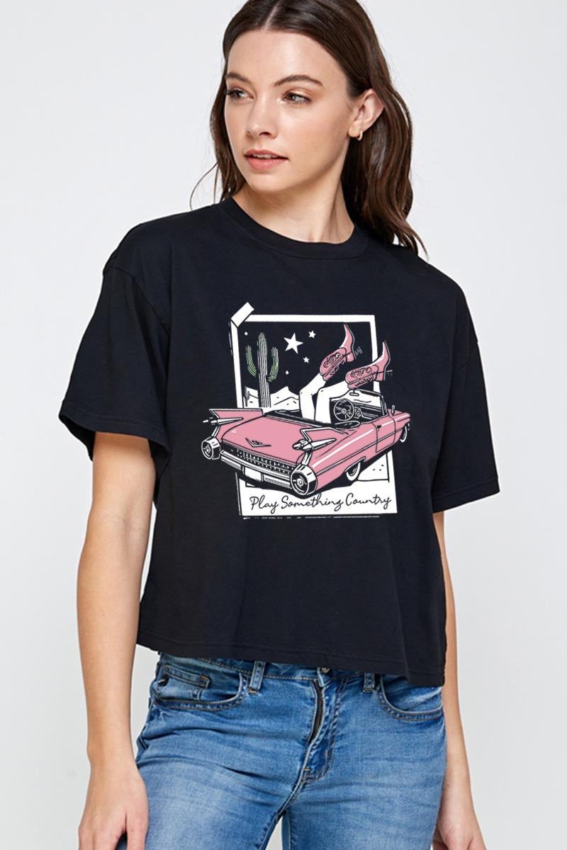 CTS-E3098 Play Something Country Graphic Relaxed Crop Top $11