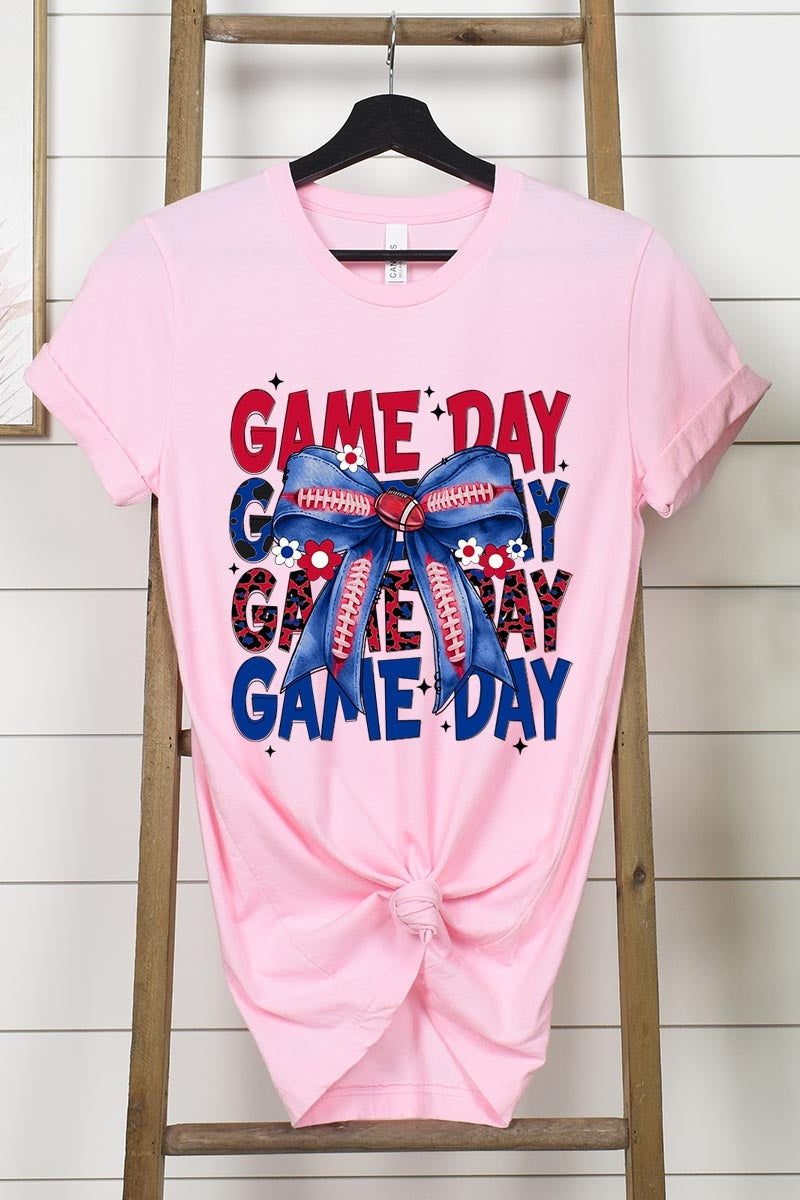 US3001-E3087 Red Blue Football Game Day Bow Graphic Tee $12.5
