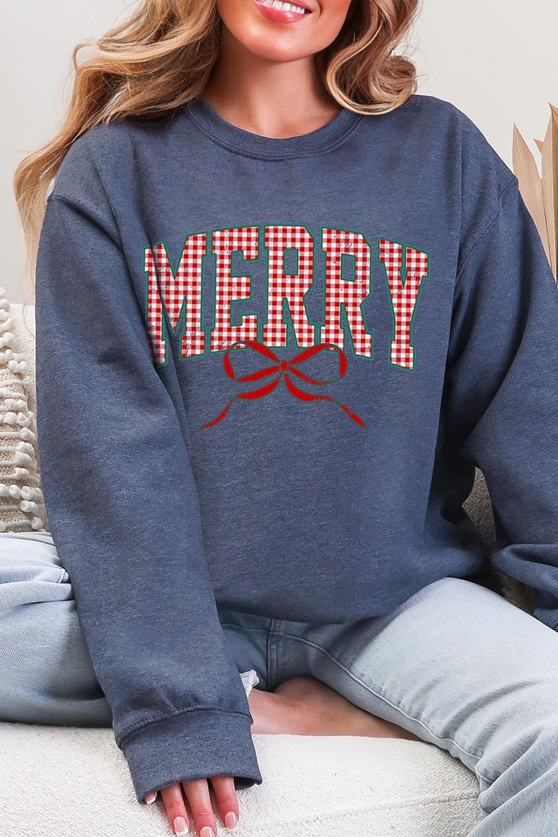 UL190-E3206 Plaid Merry Christmas Bow Graphic Sweatshirt $20