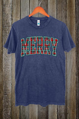 LS002-E3210 Classic Plaid Merry Graphic Vintage Tee $15.5