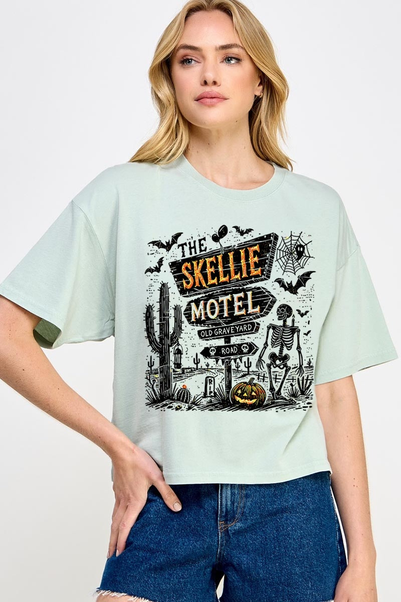 CTS-E3108 Skellie Motel Halloween Graphic Relaxed Crop Top $11