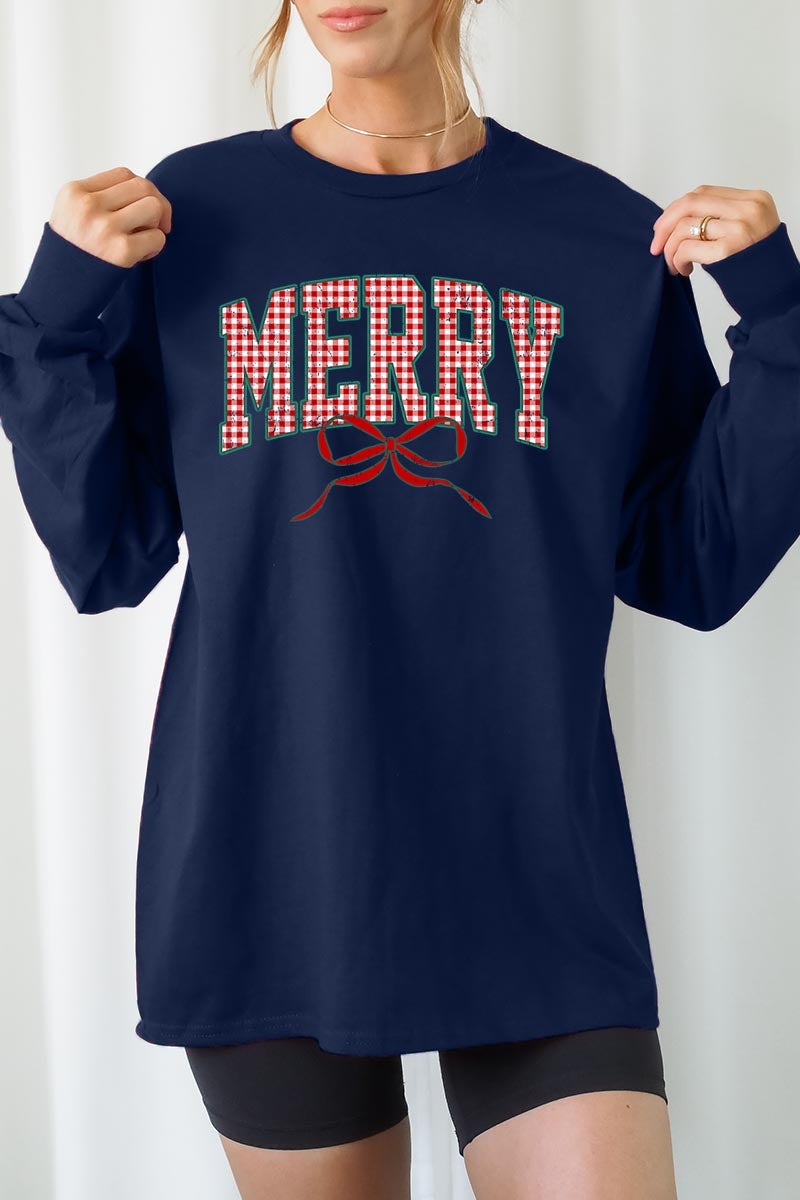 UL240P-E3206 Plaid Merry Christmas Bow Graphic Plus Long Sleeve Tee $17