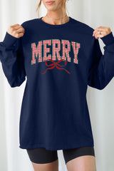 UL240-E3206 Plaid Merry Christmas Bow Graphic Long Sleeve Tee $13.75