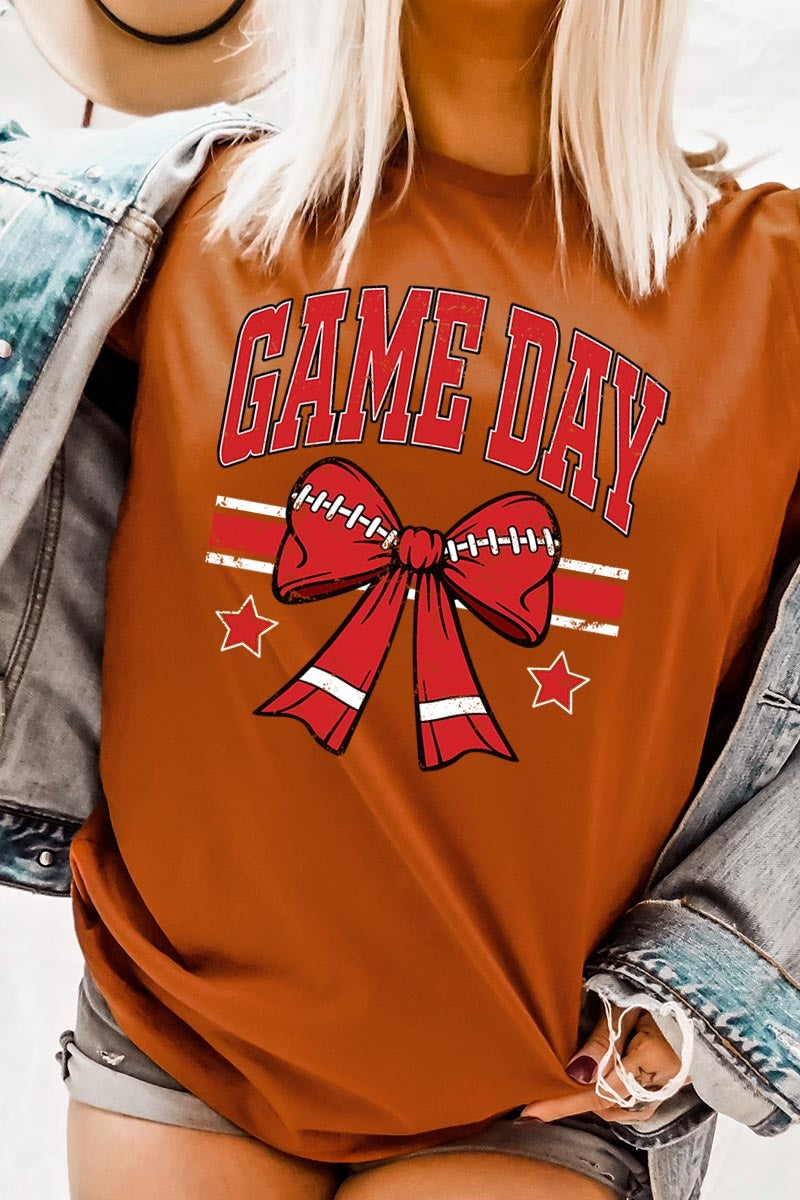 US3001-E3062 Red Game Day Football Bow Graphic Tee $12.5